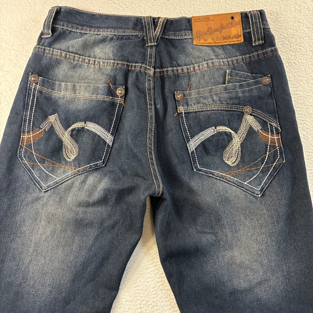 Y2K 5ive Jungle Co Baggy Jeans Men 32x32 Blue Embroidered Pockets Straight Faded